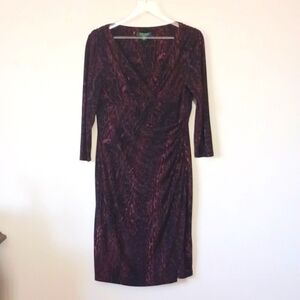 Lauren Ralph Lauren Stretch Jersey Knit Burgundy Leopard Print Popover Dress, 10